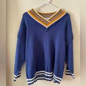 Blue Sweater with Yellow and White Collar